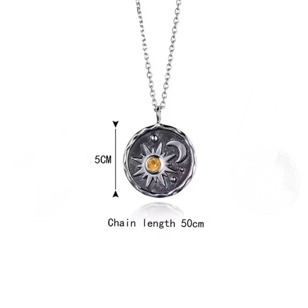 18K White Gold Sun And Moon Medallion Pendant With Amber Gemstone Inlay - Picture 6 of 8